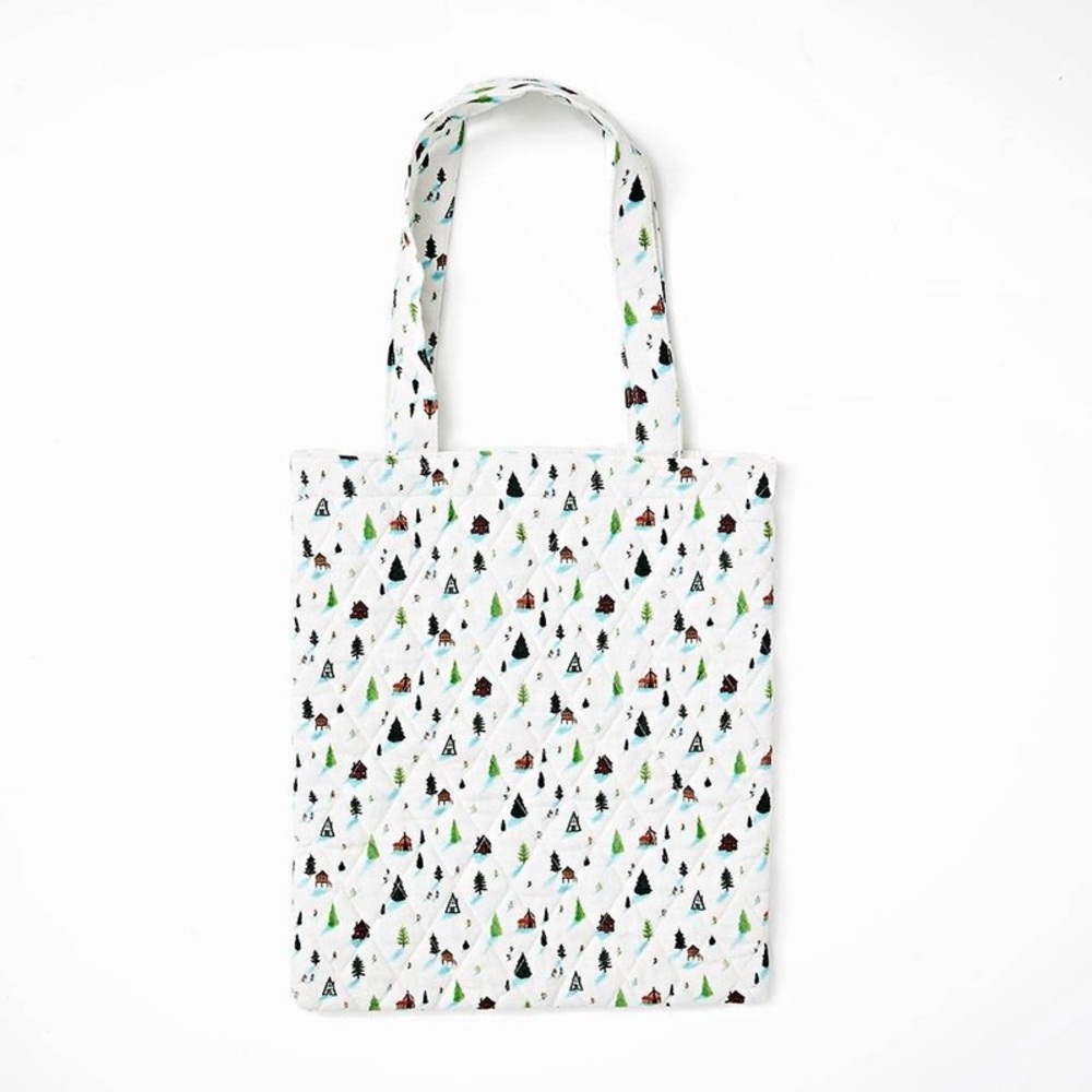 Stylish White Tote Bag with Ski Landscape Tree Pattern | Paper Source